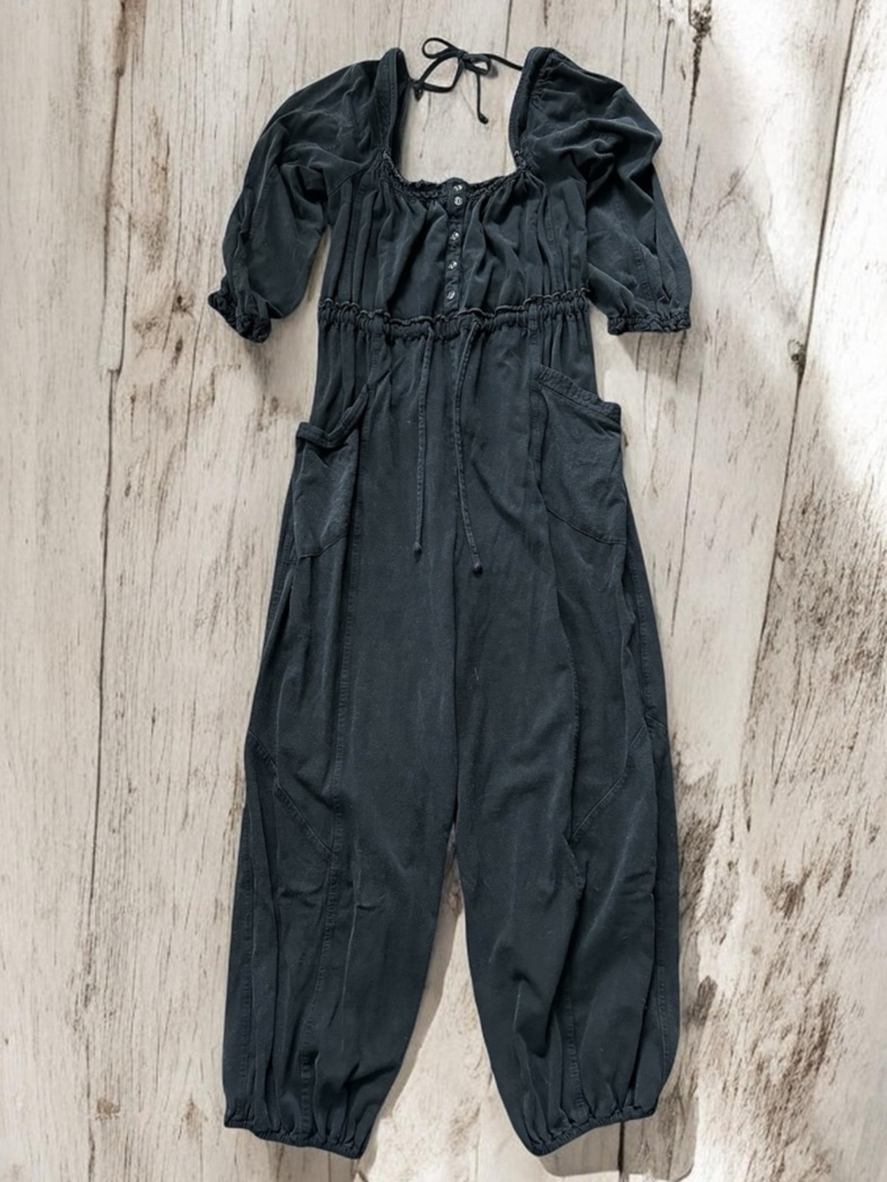 Daily Practice Black Puff-Sleeve Drawstring Jumpsuit